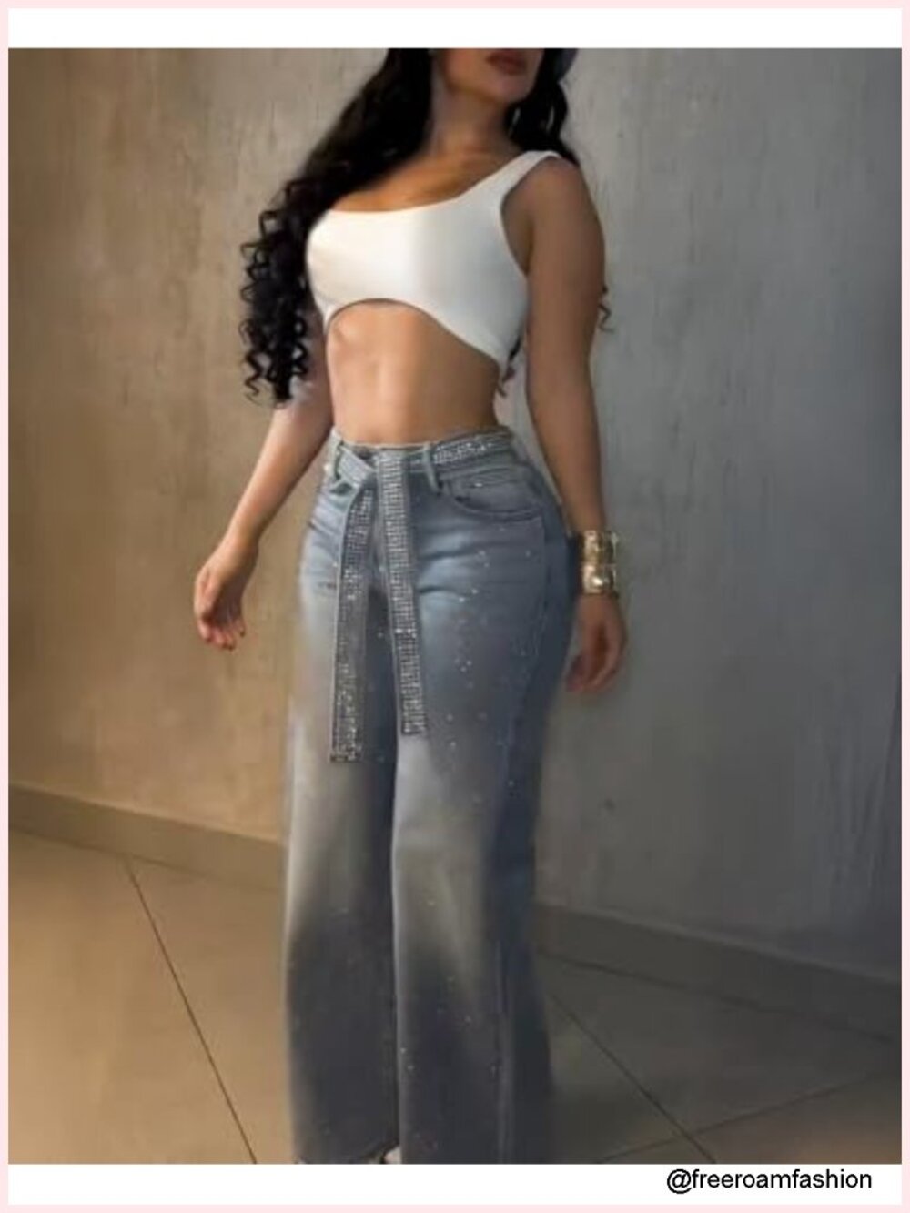 High Waisted Wide Leg Jeans with Rhinestone Belt, Flare Denim Pants - Picture 2 of 6